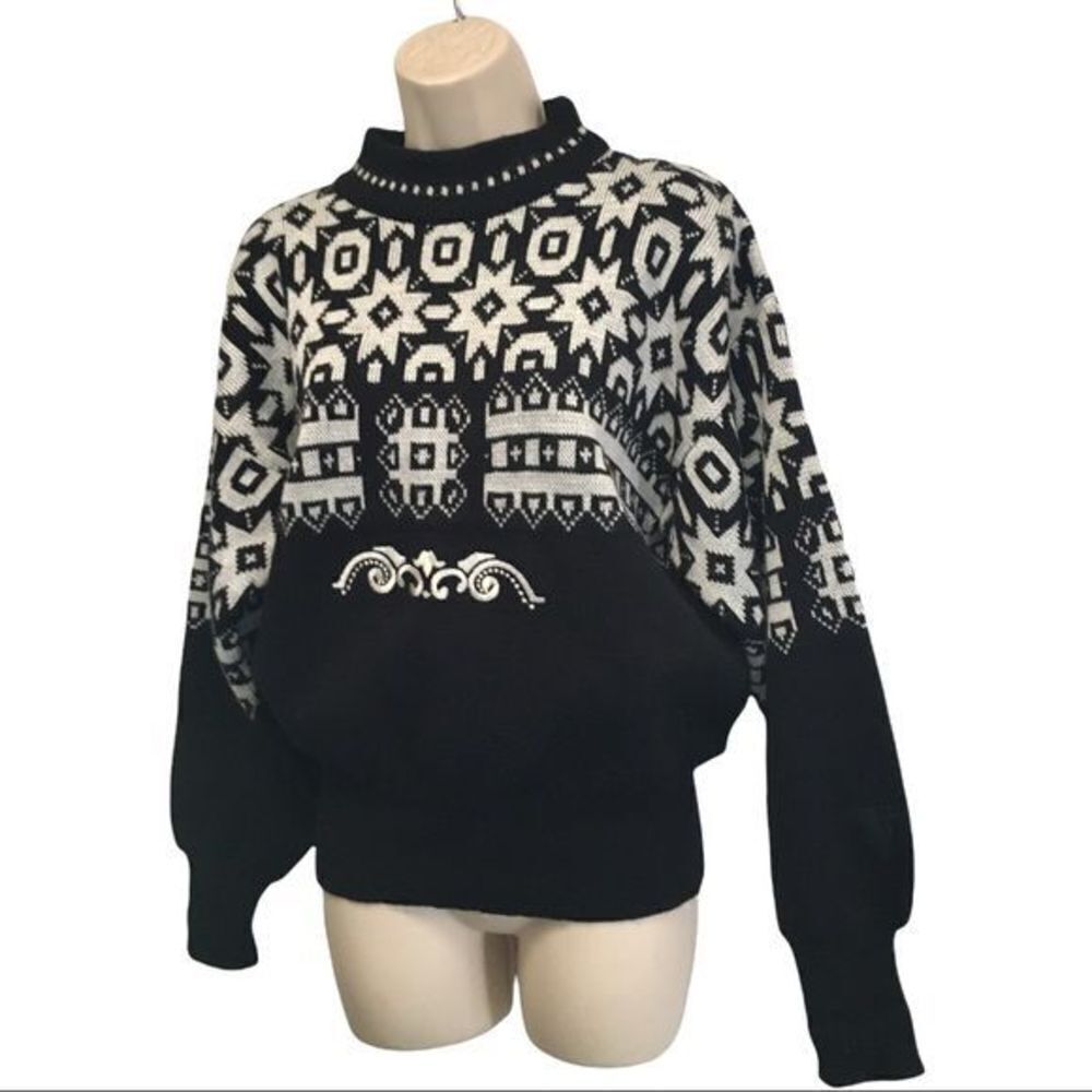 Tyrolia VTG Sweater Black & White Fair Isle Nordic‎ Snowflake Ski Turtleneck S